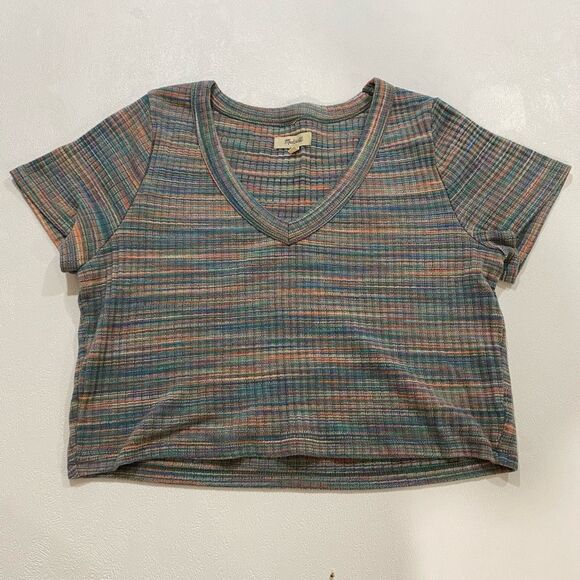 Madewell Tops - Madewell Multicolor Striped Ribbed V-Neck Cropped Tee Women’s XL